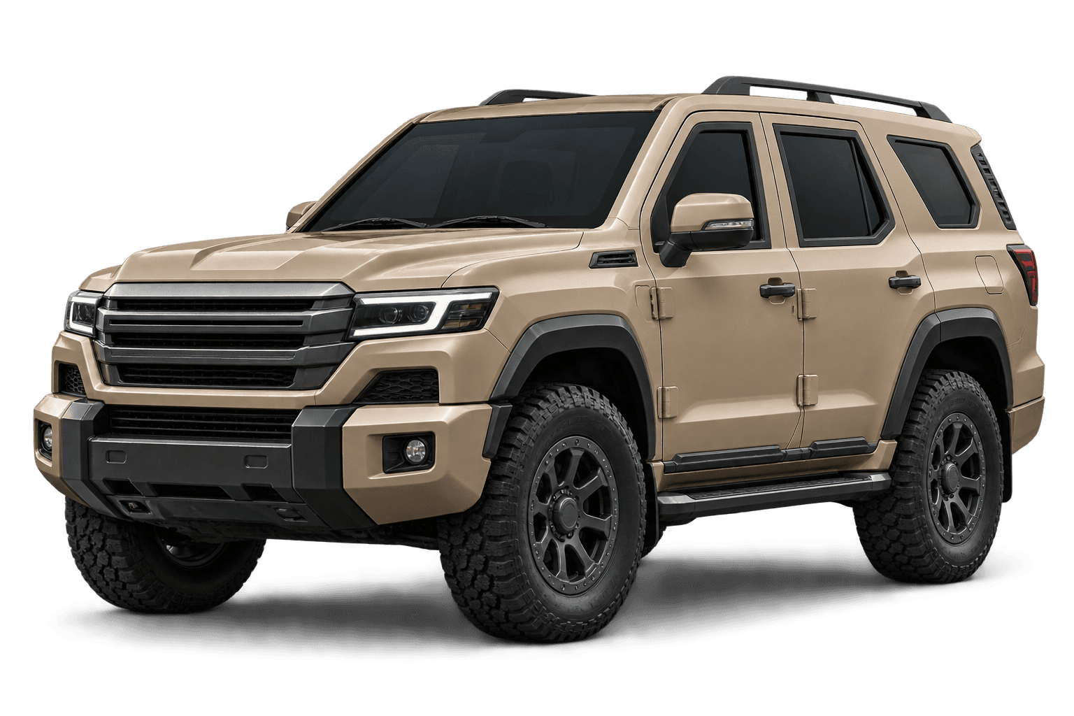Armoured full-size SUV in desert tan, front three-quarter view